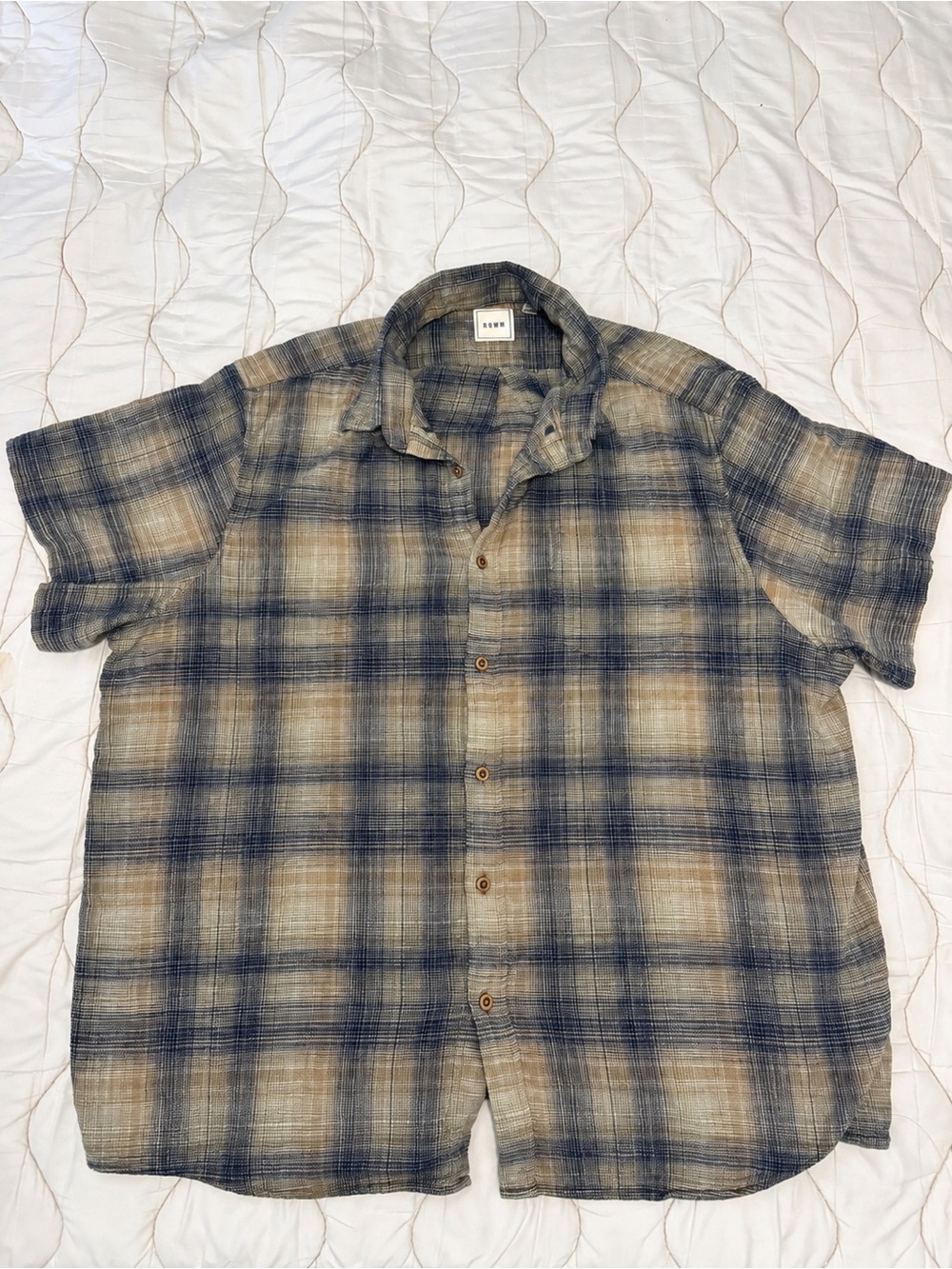 ROWM Men’s XXL Plaid Short Sleeve Button Up 100% Cotton Navy Tan